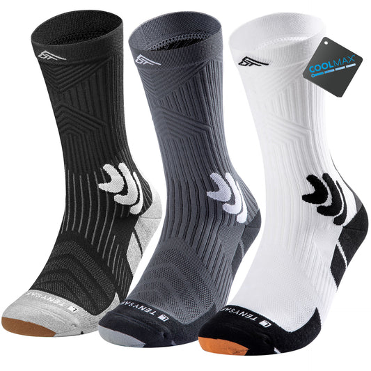 TENYSAF Men's Compression Running Socks: Coolmax Athletic Crew Socks Moisture Wicking Anti-Blister Cushion for Hiking 3 Pairs